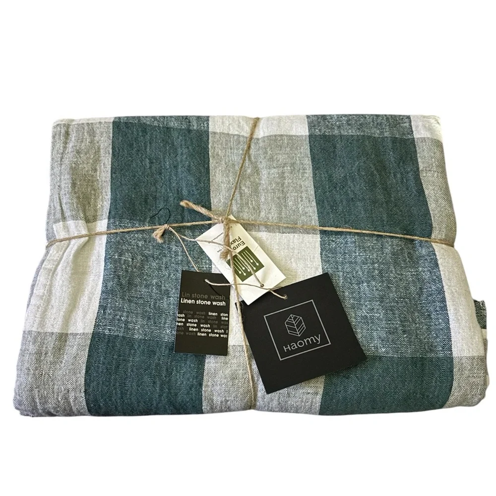 HAOMY HARMONY Palma European Flax Linen Tablecloth 63x98” Green White Gingham